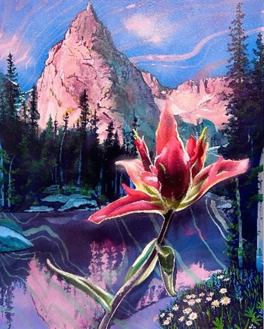 A painting of a mountain and flower by Grow Love