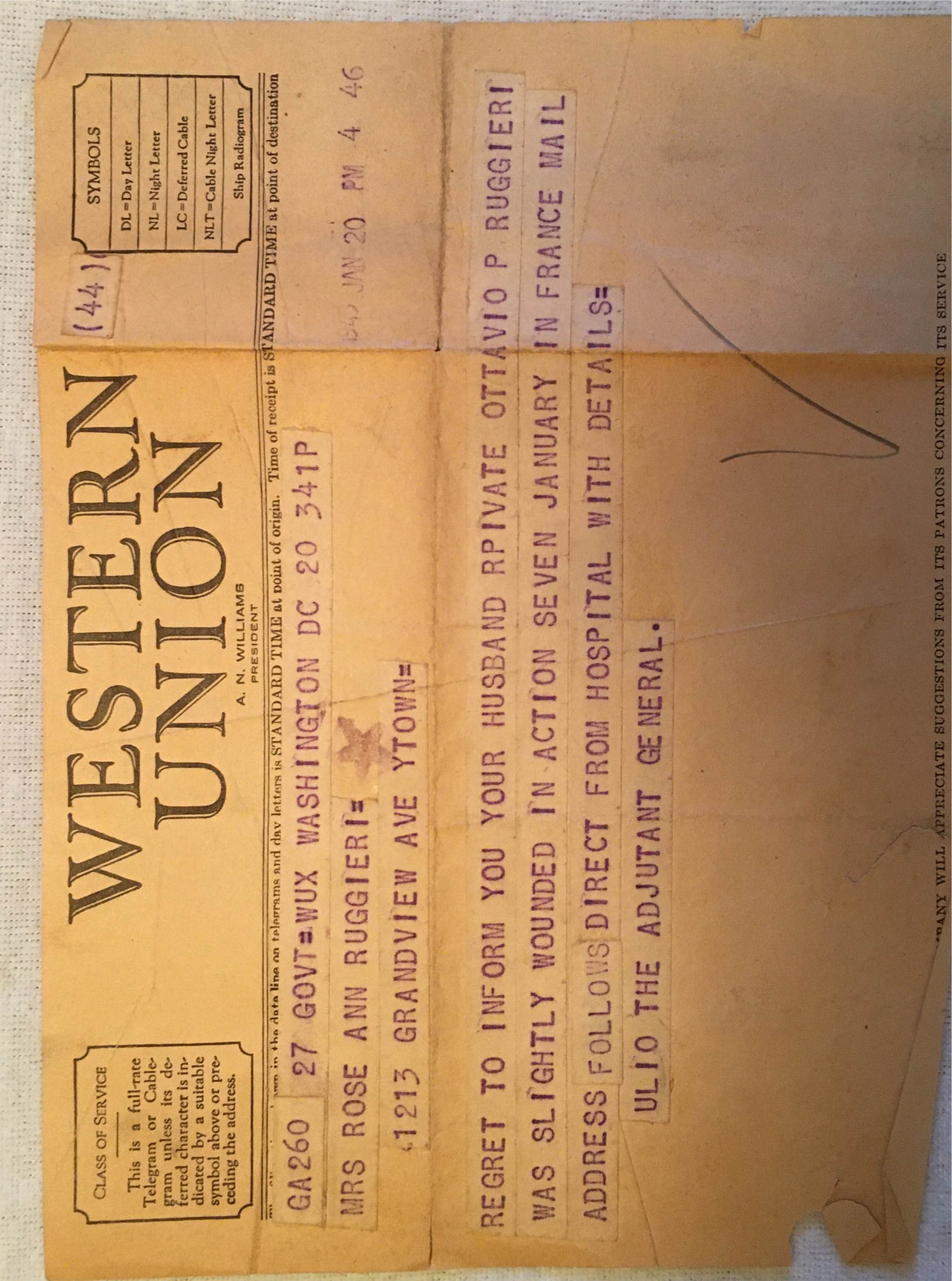 A telegram from 1946, sent to the family of Private Ottavio Ruggieri, wounded in action. 